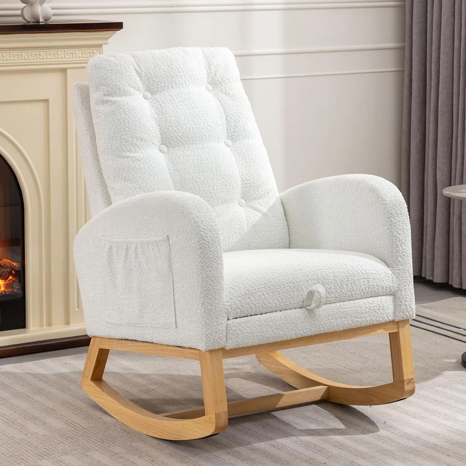 Rocking Chair with Foot Rest, Nursery Glider Teddy Gliding Rocking Chair with Retractable Footrest Rubber Wood Legs Side Pocket High Back & Wide Seat Nursing Chair for Living Room (White)