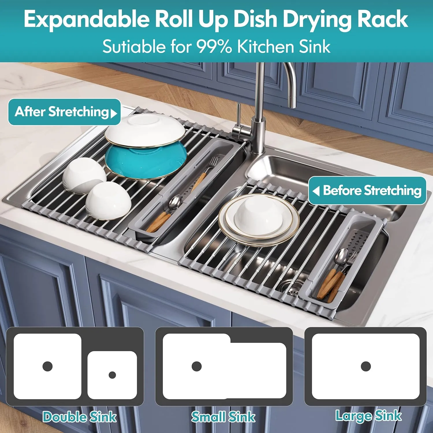 Roll Up Dish Drying Rack, Expandable 304 Stainless Steel Portable Drainer for Kitchen Sink Counter, Foldable Over The Sink Cover with Removable Utensil Holder(12.8"-23.3")
