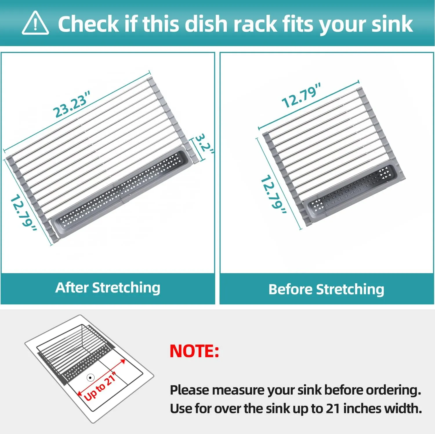 Roll Up Dish Drying Rack, Expandable 304 Stainless Steel Portable Drainer for Kitchen Sink Counter, Foldable Over The Sink Cover with Removable Utensil Holder(12.8"-23.3")