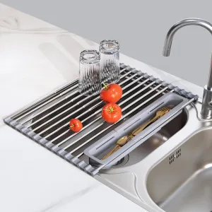 Roll Up Dish Drying Rack, Expandable 304 Stainless Steel Portable Drainer for Kitchen Sink Counter, Foldable Over The Sink Cover with Removable Utensil Holder(12.8"-23.3")