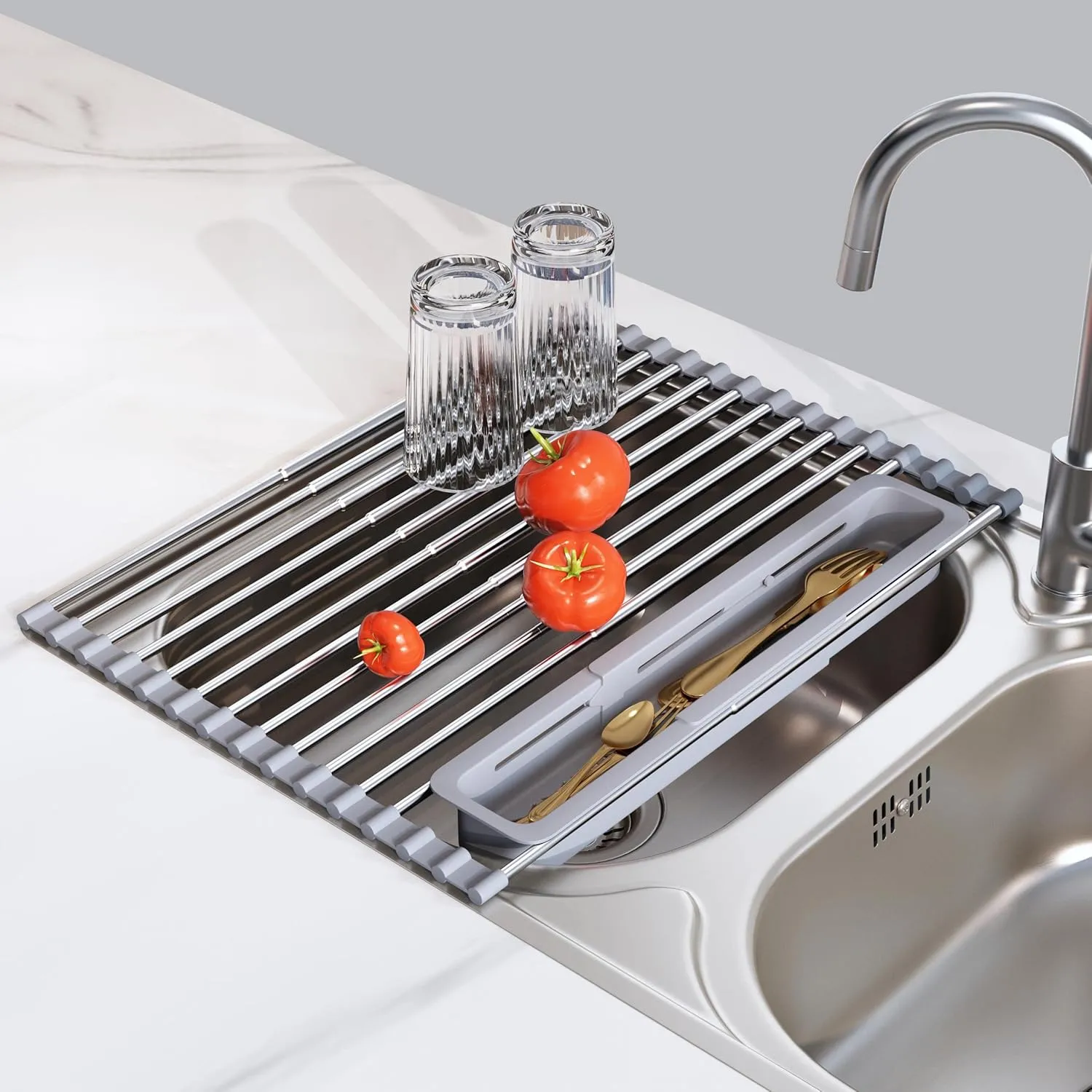 Roll Up Dish Drying Rack, Expandable 304 Stainless Steel Portable Drainer for Kitchen Sink Counter, Foldable Over The Sink Cover with Removable Utensil Holder(12.8"-23.3")