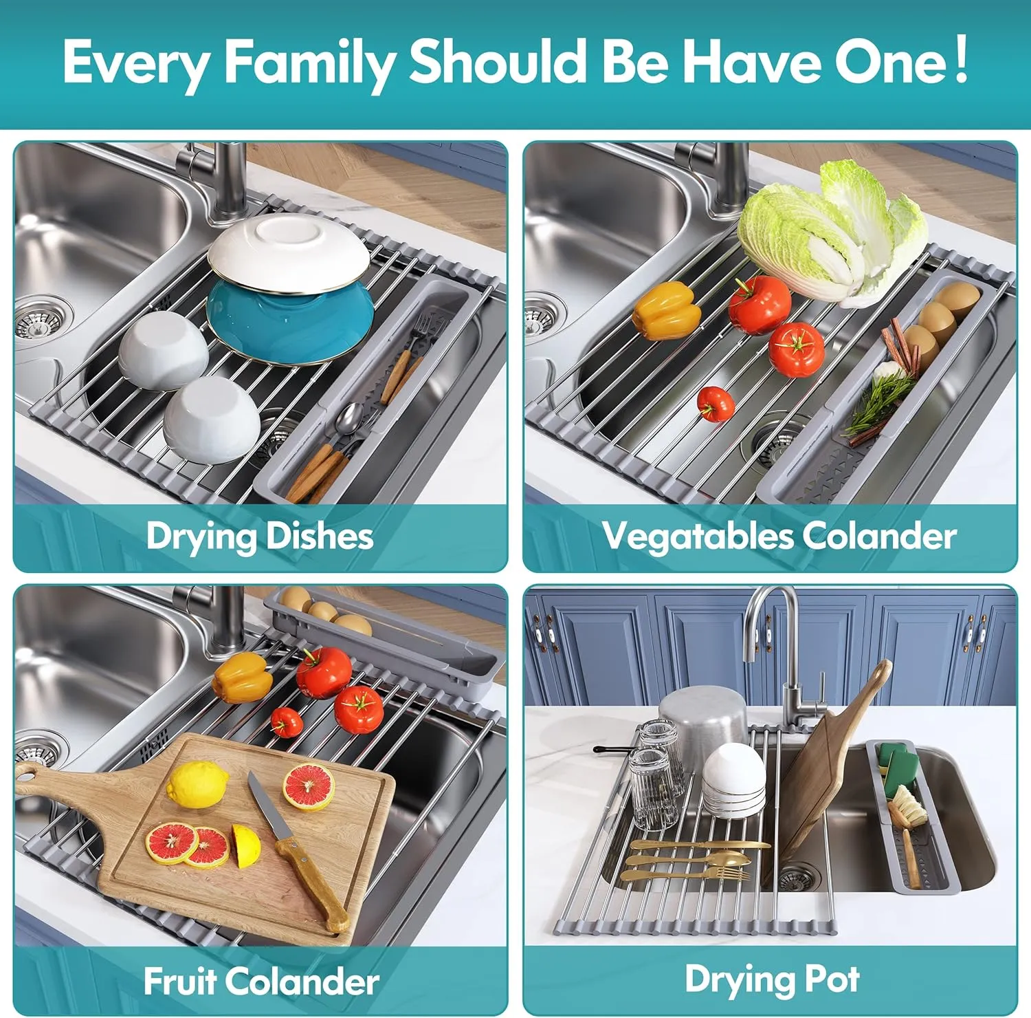 Roll Up Dish Drying Rack, Expandable 304 Stainless Steel Portable Drainer for Kitchen Sink Counter, Foldable Over The Sink Cover with Removable Utensil Holder(12.8"-23.3")