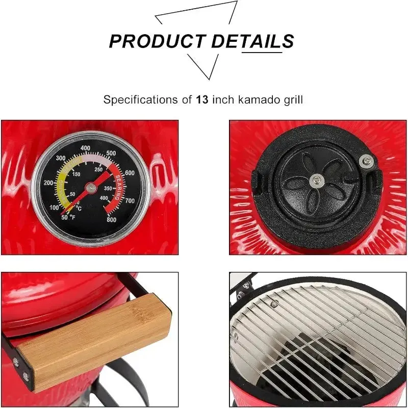 Round Thermometer with Metho Ceramic Charcoal 13" on for Portable Grill, Grill Kamado Variations Cooking Grill, Anti-slip Super affordable Barbecue