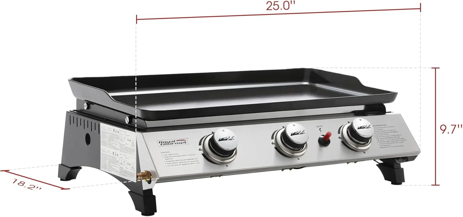 Royal Gourmet PD1300 Portable Propane Gas Grill Griddle for Outdoor Patio Grilling, Includes PVC Cover, 3-Burner Tabletop Griddle for On-the-Go Grilling and Outdoor Adventures, Silver