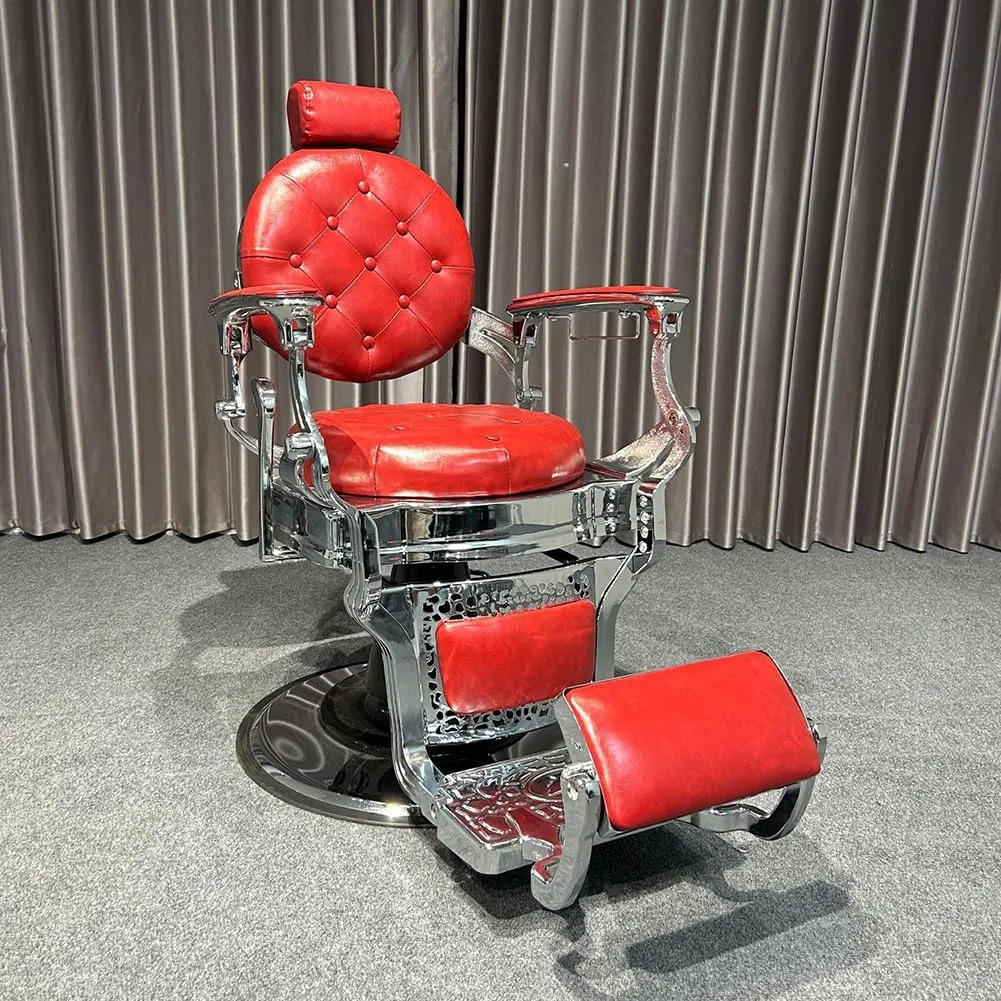 Salon Dedicated Barber Chair, Hydraulic Barber Chair with Adjustable Headrest, Footrest, Reclining Hair Salon Chair, Classic Massage Beauty Spa Salon Equipment,Red