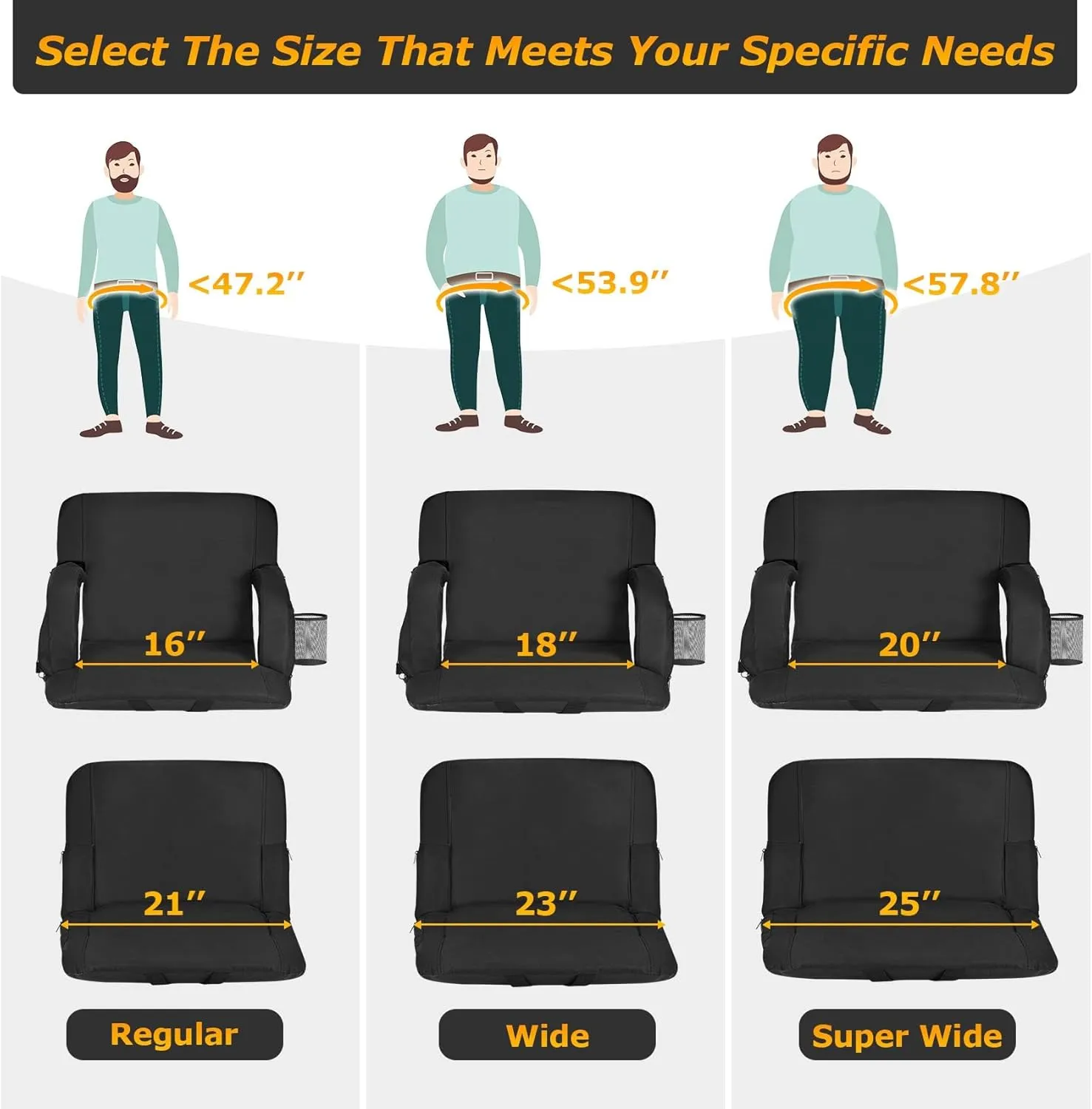 Seeutek Heated Stadium Seats with Back Support and Wide Cushions for Bleachers, Portable Bleacher Chairs with Backrest, USB 3 Levels and 5 Pockets Foldable Stadium Chairs, 1PC 25Inch