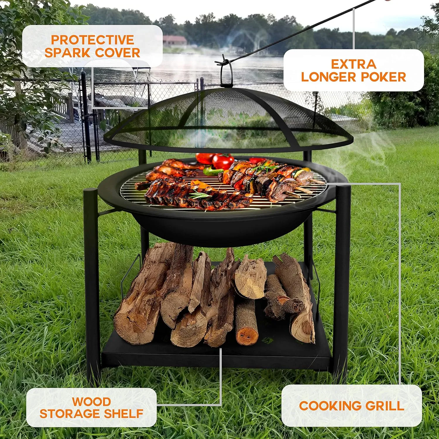 SereneLife Outdoor Wood Fire Pit - 26" Steel BBQ Grill with Mesh Spark Screen, Log Grate, Fire Poker & Cover for Camping, Picnic, Bonfire - Durable, Easy to Assemble, 2 in 1