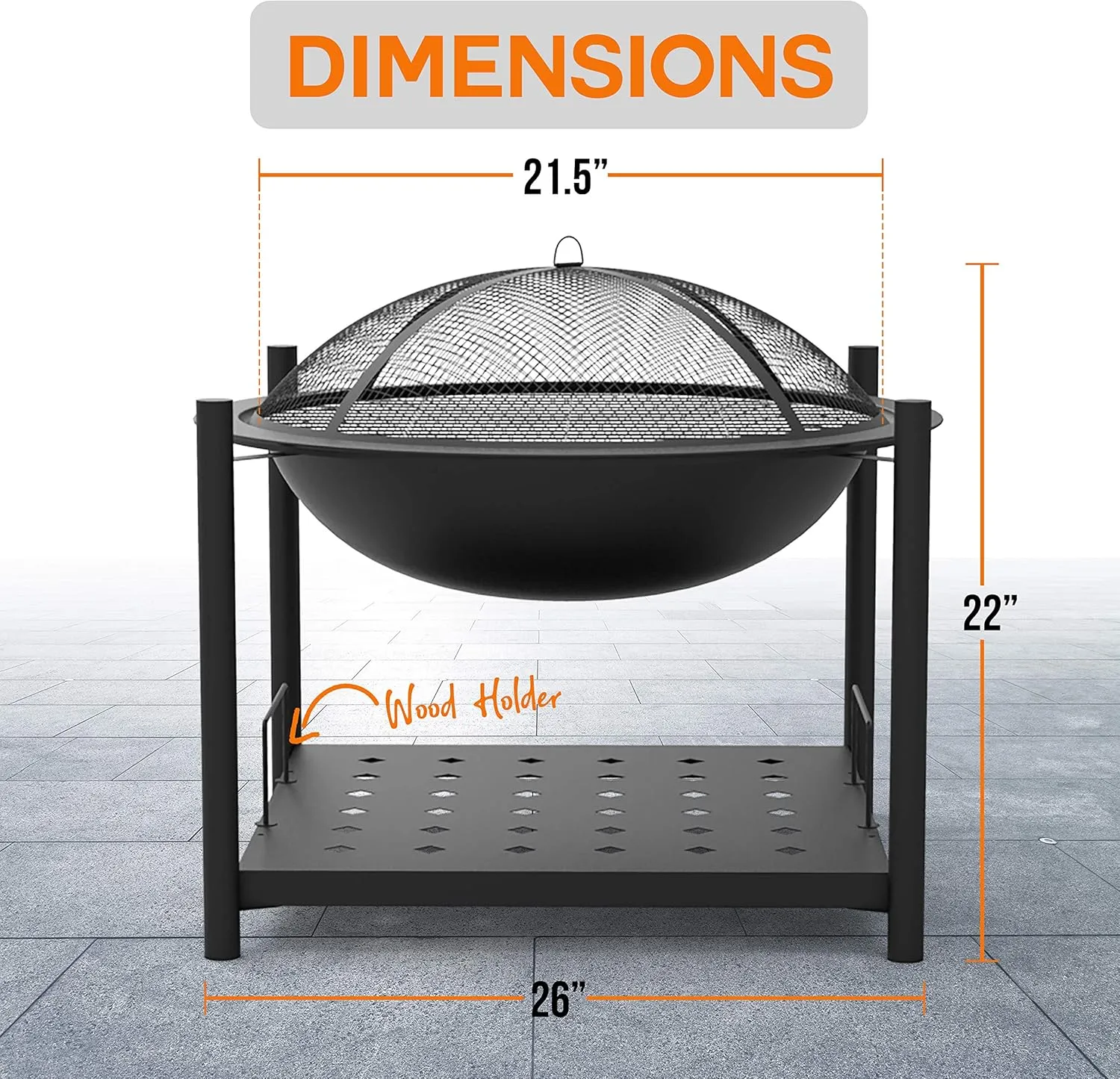 SereneLife Outdoor Wood Fire Pit - 26" Steel BBQ Grill with Mesh Spark Screen, Log Grate, Fire Poker & Cover for Camping, Picnic, Bonfire - Durable, Easy to Assemble, 2 in 1