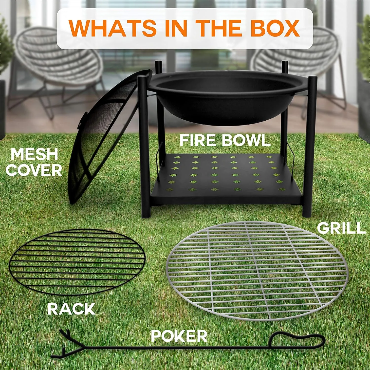 SereneLife Outdoor Wood Fire Pit - 26" Steel BBQ Grill with Mesh Spark Screen, Log Grate, Fire Poker & Cover for Camping, Picnic, Bonfire - Durable, Easy to Assemble, 2 in 1