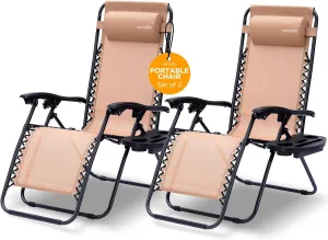 SereneLife Zero Gravity Chairs Set of 2 - Adjustable Outdoor Lounge Chairs with Side Tray, Cup Holders, Removable Pillows, Folding Portable Camping Chairs for Patio, Backyard, Poolside, Beach - Cream