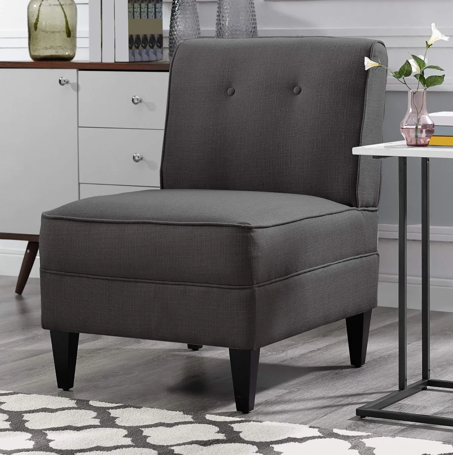 Serta Copenhagen Accent Chair Button Tufted Backrest, Sinuous Spring Seat Cushion, Rubberwood Legs, Upholstery for Living Room, Bedroom and Small Spaces, Polyester Woven Fabric, Modern Charcoal