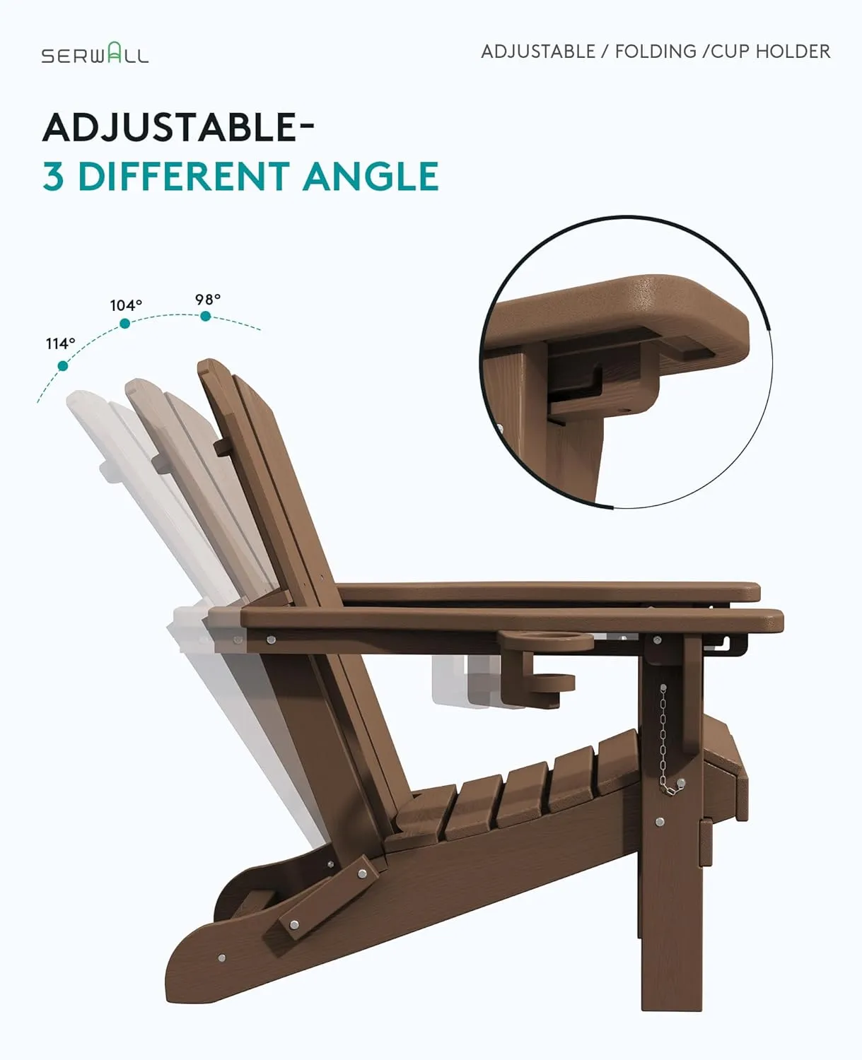 SERWALL Folding Adirondack Chair, Adirondack Outdoor Chair with Cup Holder, Adjustable Adirondack Chair with 3 Recline Positions, All Weather HDPE Outdoor Adirondack, Brown