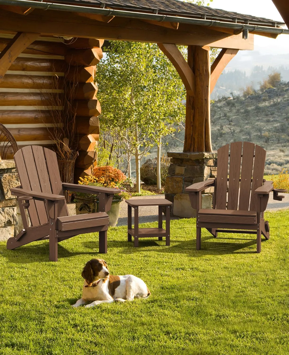 SERWALL Folding Adirondack Chair, Adirondack Outdoor Chair with Cup Holder, Adjustable Adirondack Chair with 3 Recline Positions, All Weather HDPE Outdoor Adirondack, Brown