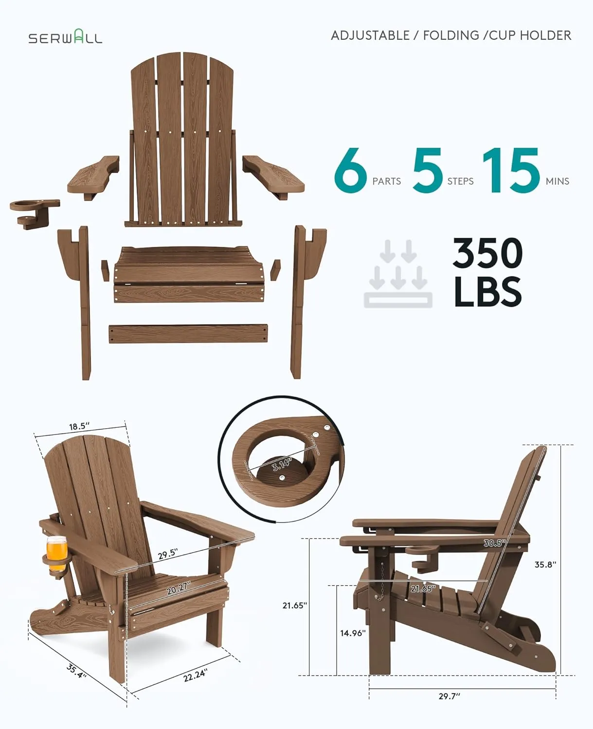 SERWALL Folding Adirondack Chair, Adirondack Outdoor Chair with Cup Holder, Adjustable Adirondack Chair with 3 Recline Positions, All Weather HDPE Outdoor Adirondack, Brown