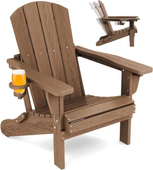 SERWALL Folding Adirondack Chair, Adirondack Outdoor Chair with Cup Holder, Adjustable Adirondack Chair with 3 Recline Positions, All Weather HDPE Outdoor Adirondack, Brown