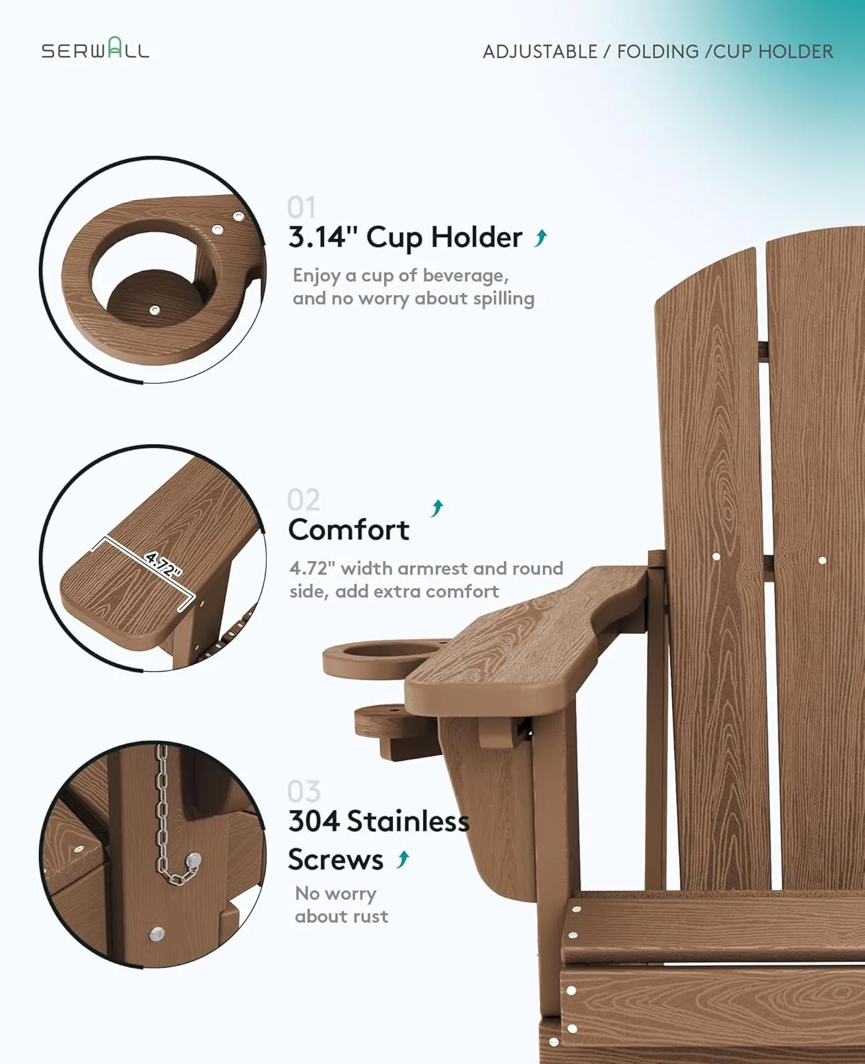 SERWALL Folding Adirondack Chair, Adirondack Outdoor Chair with Cup Holder, Adjustable Adirondack Chair with 3 Recline Positions, All Weather HDPE Outdoor Adirondack, Brown