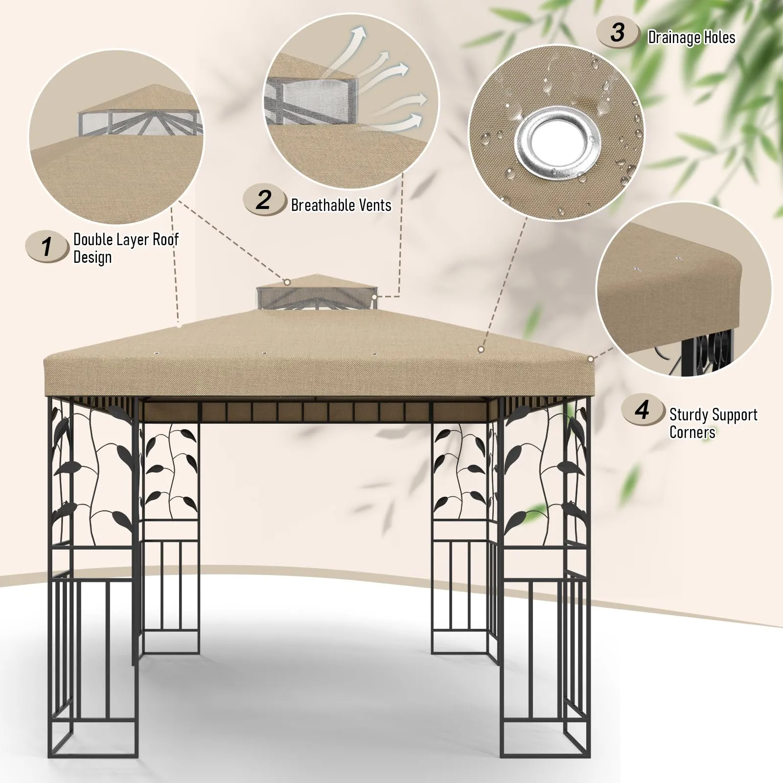 SGmory 10x10 FT Grill Gazebo Canopy Replacement Top, Pavilion Sunshade Polyester Gazebo Cover with Air Vent, Grill Canopy for Yard Patio Garden & Outdoor BBQ (Khaki)