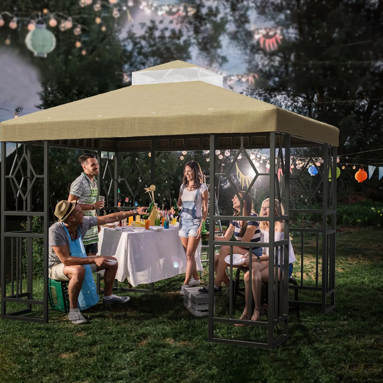 SGmory 10x10 FT Grill Gazebo Canopy Replacement Top, Pavilion Sunshade Polyester Gazebo Cover with Air Vent, Grill Canopy for Yard Patio Garden & Outdoor BBQ (Khaki)