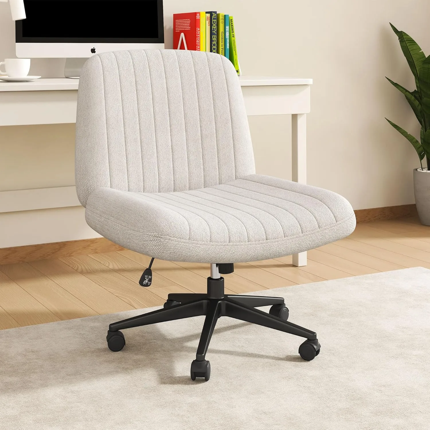 Shintenchi Criss Cross Chair,Cross Legged Office Seat with Wheels Armless Swivel Vanity Chair,Height Adjustable Wide Computer Task Seating for Home Office,Beige