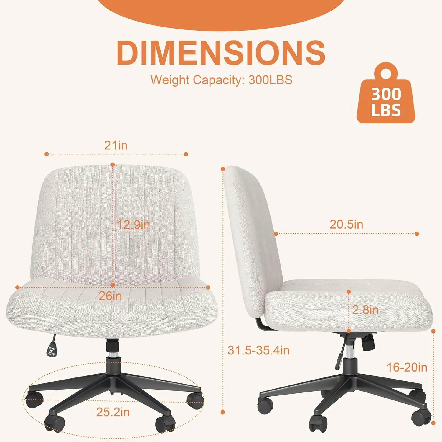 Shintenchi Criss Cross Chair,Cross Legged Office Seat with Wheels Armless Swivel Vanity Chair,Height Adjustable Wide Computer Task Seating for Home Office,Beige
