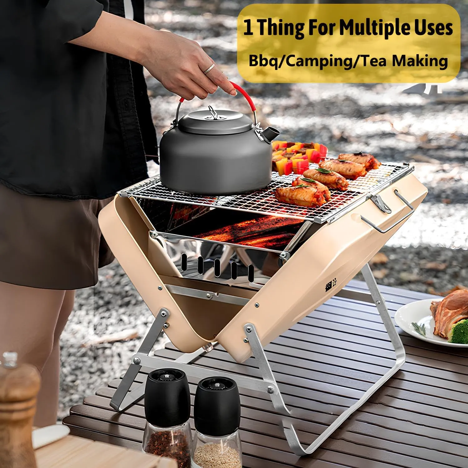 Small BBQ Charcoal Grill – Foldable Portable BBQ Grill – for Outdoor Picnic, Camping & Backyard Grilling – Compact Outdoor BBQ, Small & Sturdy Design Easy to Clean(Green,30 * 22 * 22cm)