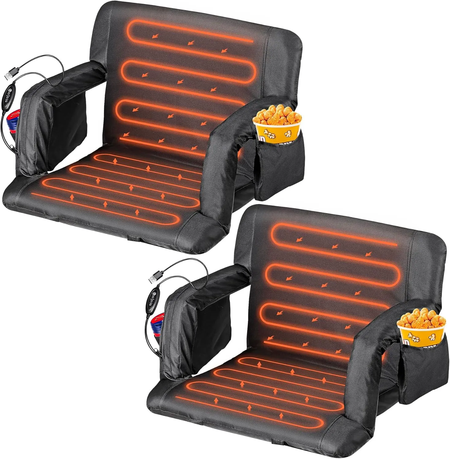 Smartxchoices 2 Pack Heated Stadium Seats for Bleachers, 6-Reclining Positions Padded with Back and Cushion, Arm Rests, 3 Pockets, Anchor Straps, Portable Folding Seats with Shoulder Straps, 25" Wide