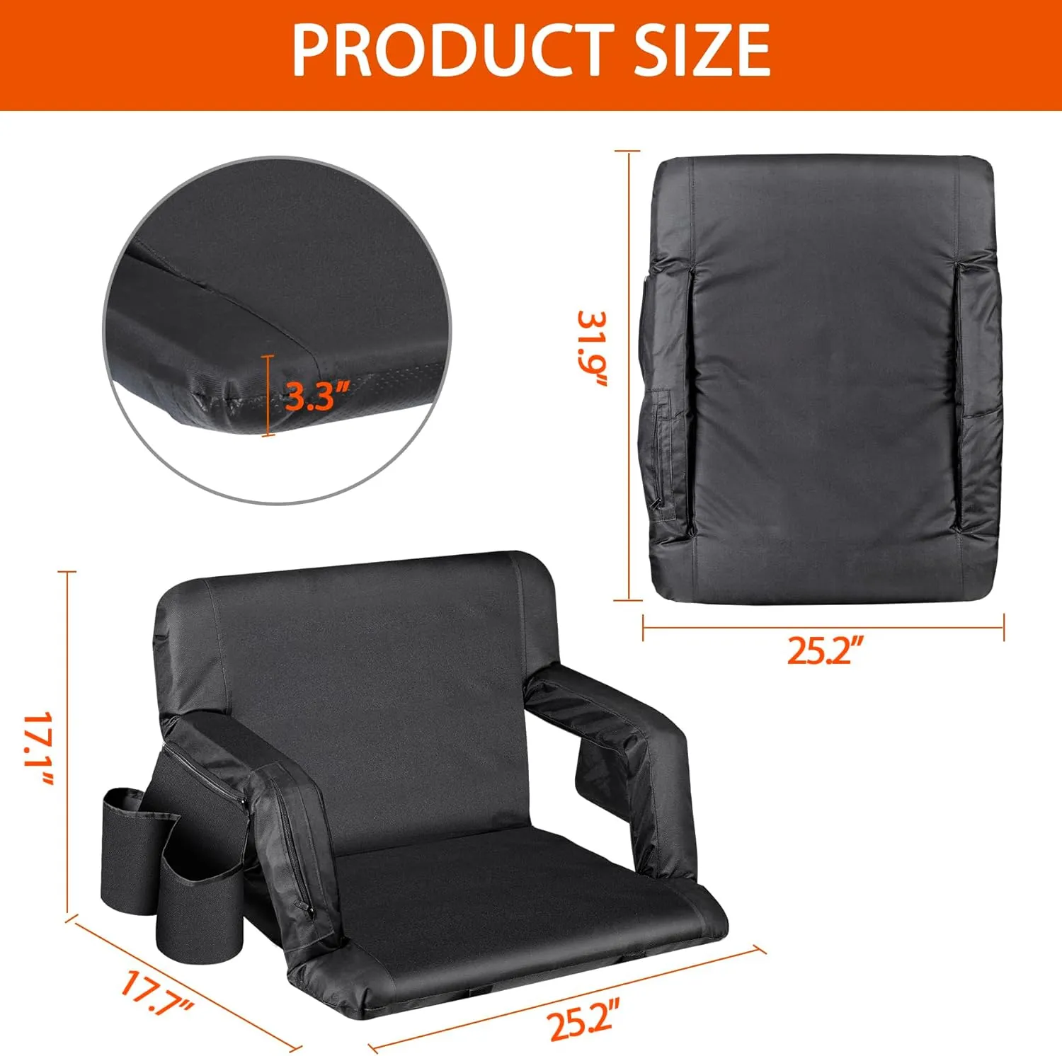 Smartxchoices 2 Pack Heated Stadium Seats for Bleachers, 6-Reclining Positions Padded with Back and Cushion, Arm Rests, 3 Pockets, Anchor Straps, Portable Folding Seats with Shoulder Straps, 25" Wide