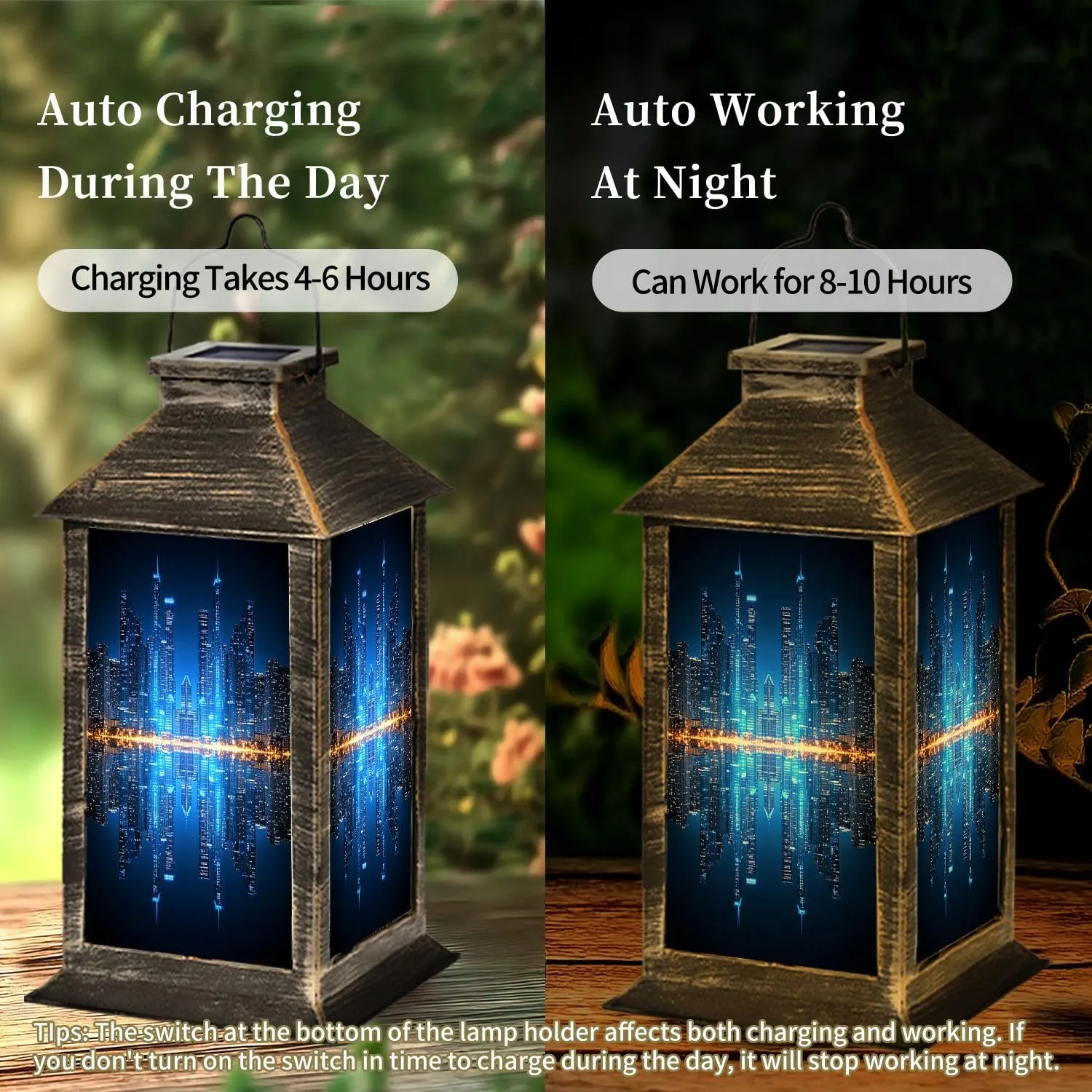 Solar Lantern Chicago Skyline by Night Outdoor Waterproof Garden Hanging Lantern Solar Powered Lighting Outside Table Lamp for Patio Deck Camping 1 Pack