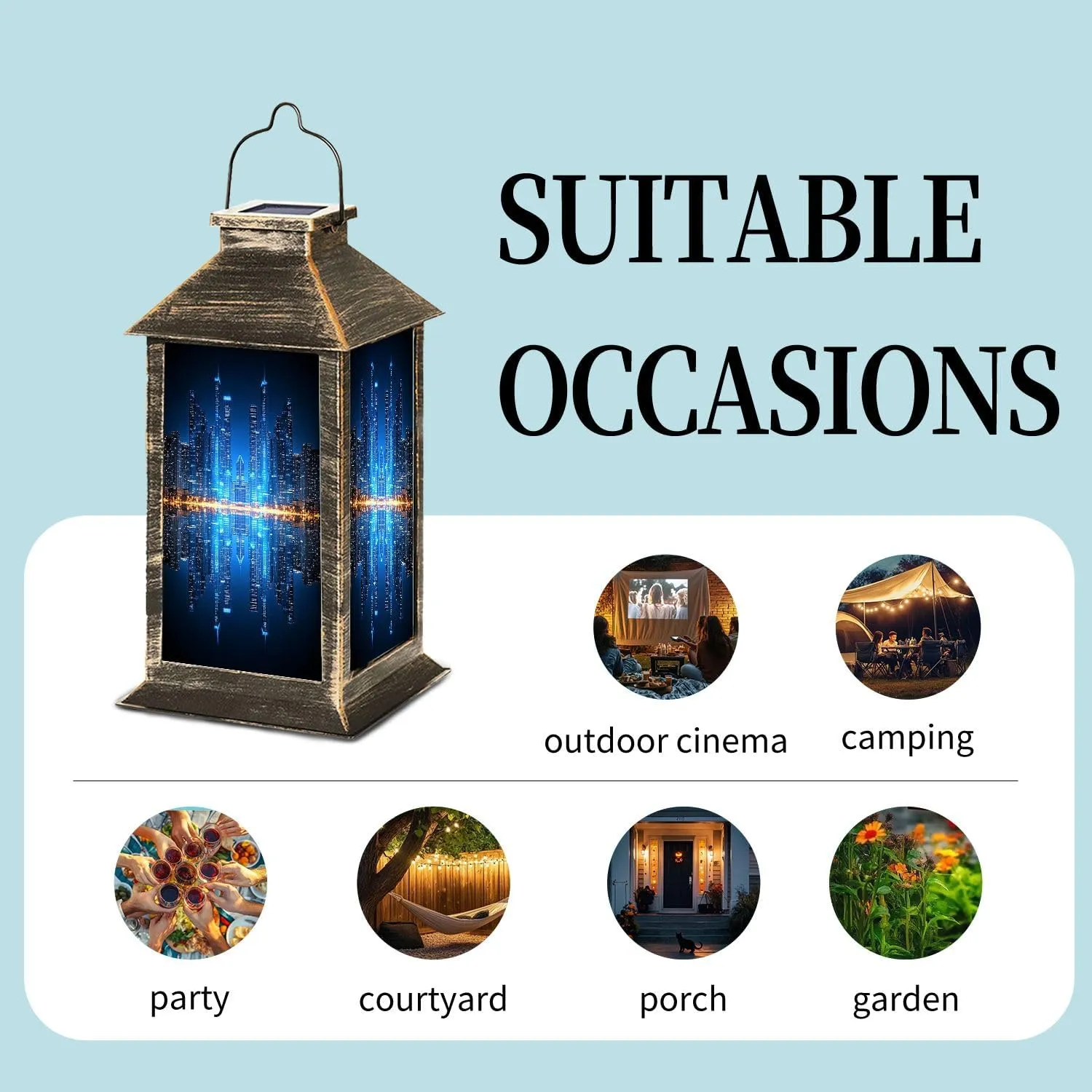 Solar Lantern Chicago Skyline by Night Outdoor Waterproof Garden Hanging Lantern Solar Powered Lighting Outside Table Lamp for Patio Deck Camping 1 Pack