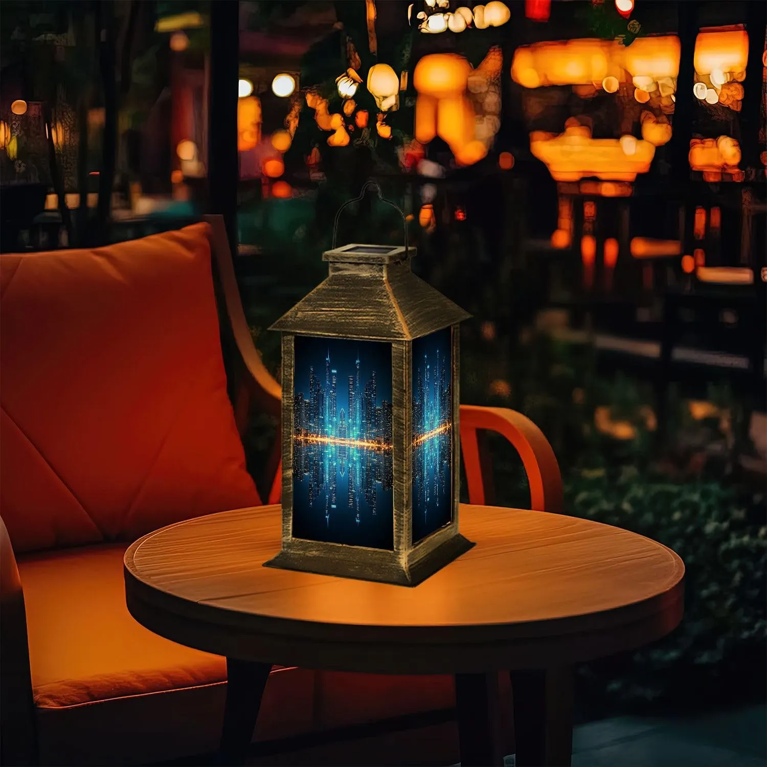 Solar Lantern Chicago Skyline by Night Outdoor Waterproof Garden Hanging Lantern Solar Powered Lighting Outside Table Lamp for Patio Deck Camping 1 Pack