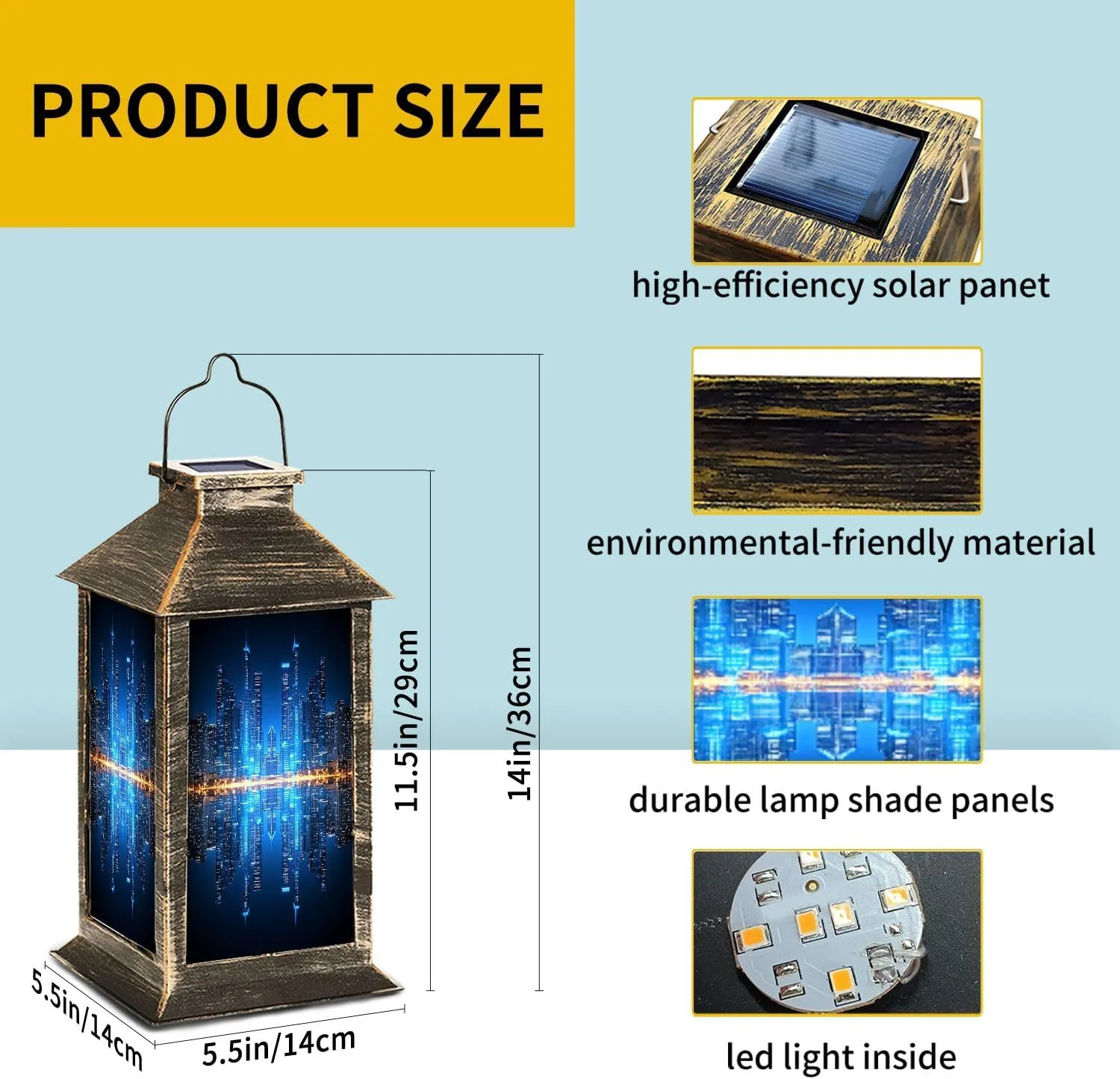 Solar Lantern Chicago Skyline by Night Outdoor Waterproof Garden Hanging Lantern Solar Powered Lighting Outside Table Lamp for Patio Deck Camping 1 Pack