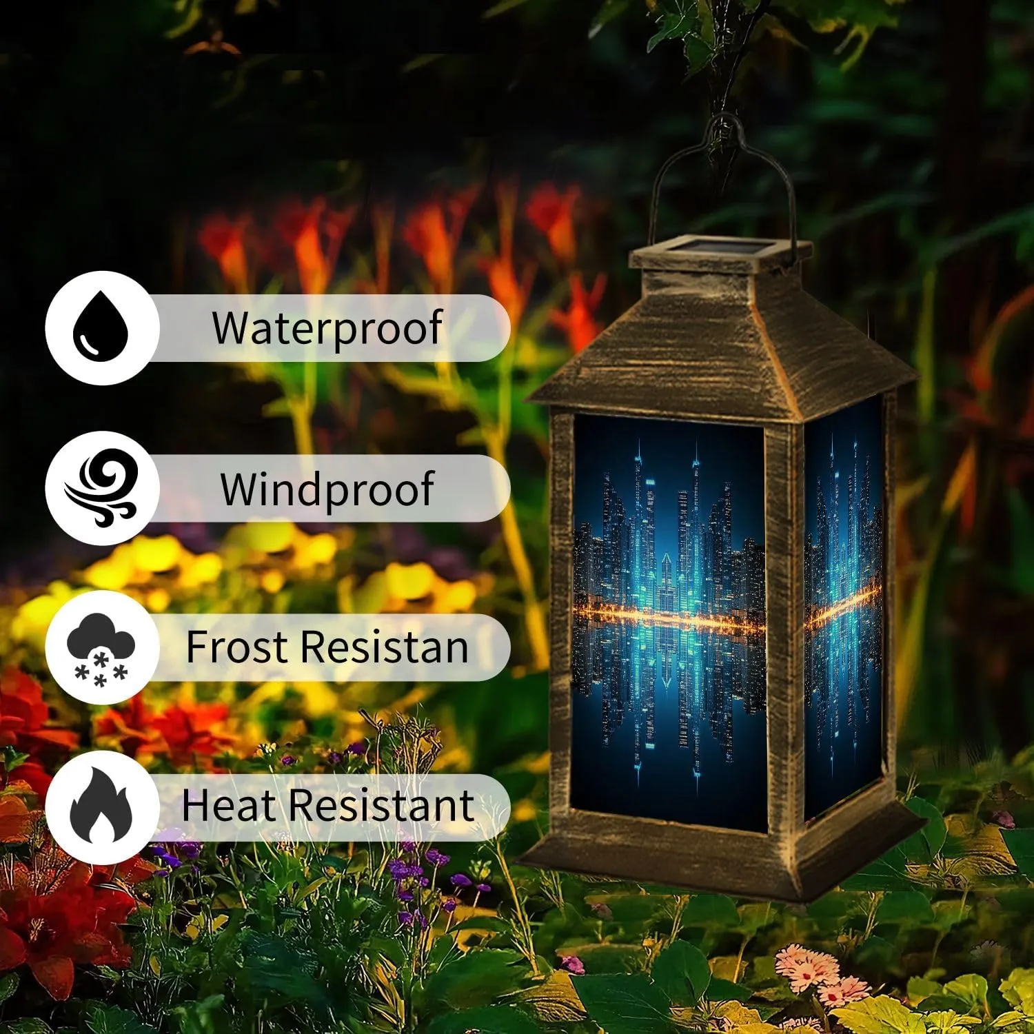 Solar Lantern Chicago Skyline by Night Outdoor Waterproof Garden Hanging Lantern Solar Powered Lighting Outside Table Lamp for Patio Deck Camping 1 Pack