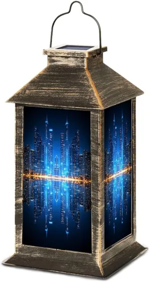Solar Lantern Chicago Skyline by Night Outdoor Waterproof Garden Hanging Lantern Solar Powered Lighting Outside Table Lamp for Patio Deck Camping 1 Pack