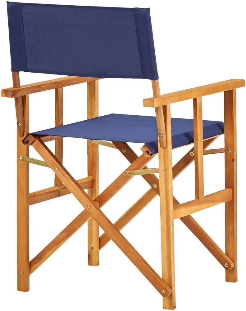 Solid Acacia Wood Folding Director's Chair Blue Outdoor Furniture for Camping Beach Patio Poolside Lounge Foldable Portable Design
