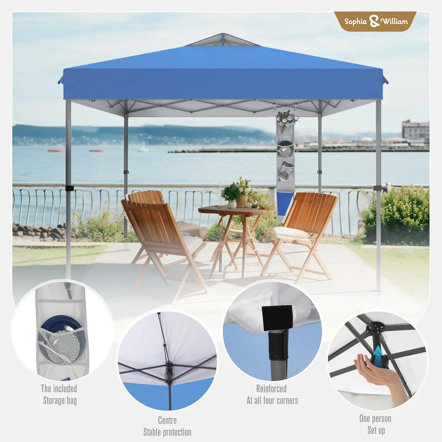 Sophia & William Canopy Tent Pop Up 10x10 ft One Person Push Set Up Tent, Outdoor Canopies Shelter Heavy Duty Straight Legs with 4 Sandbags & Guy Ropes, 1 Roller Bag & Storage Bag, 8 Stakes UPF50 