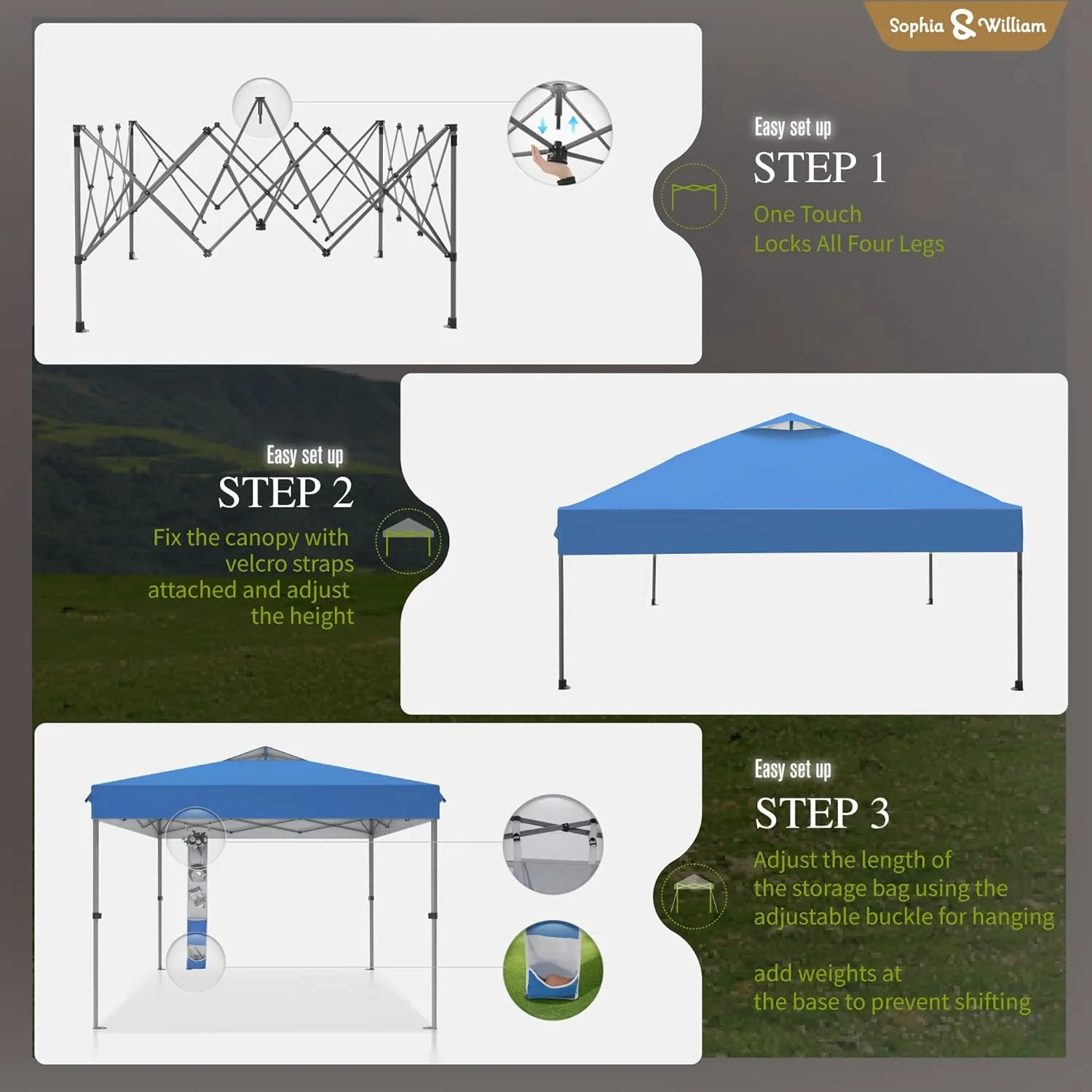 Sophia & William Canopy Tent Pop Up 10x10 ft One Person Push Set Up Tent, Outdoor Canopies Shelter Heavy Duty Straight Legs with 4 Sandbags & Guy Ropes, 1 Roller Bag & Storage Bag, 8 Stakes UPF50 