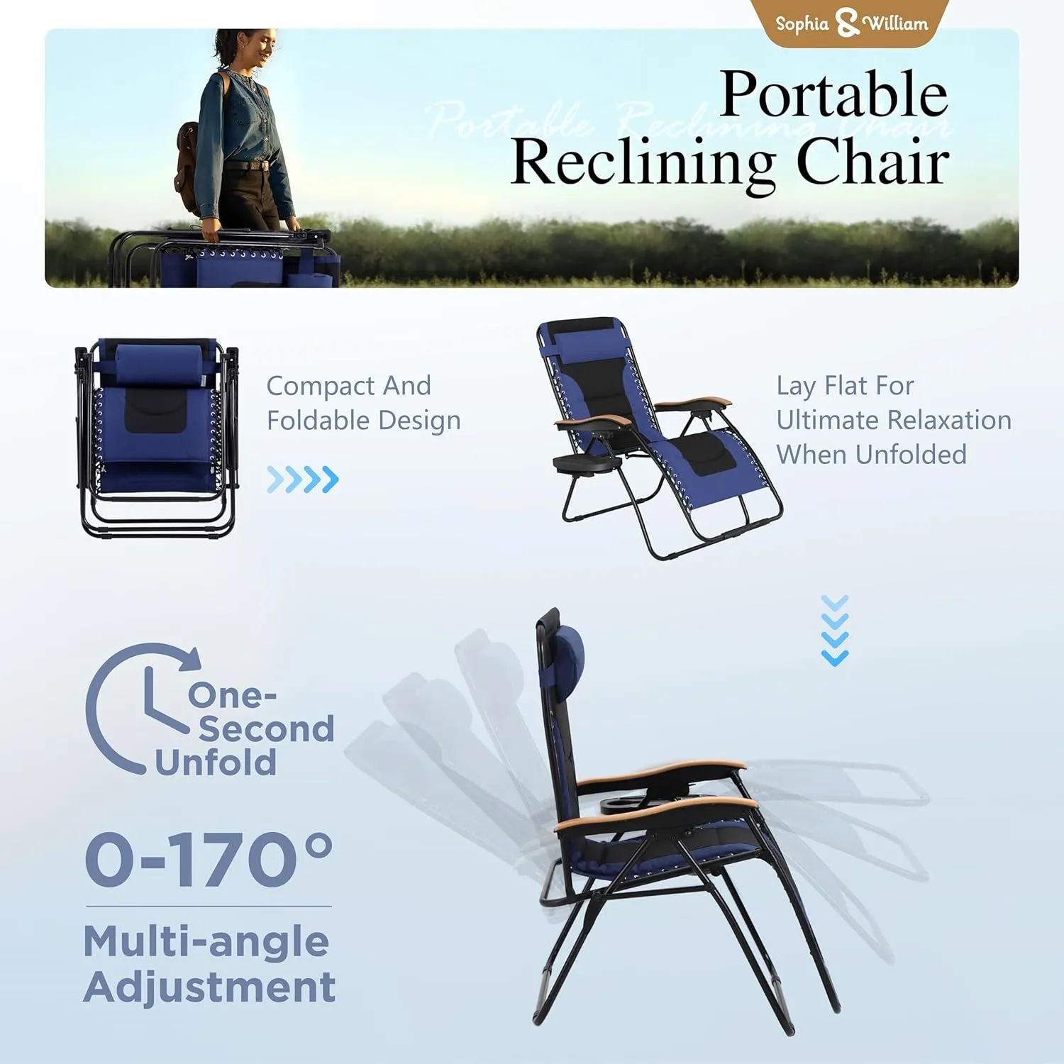 Sophia & William Oversized XL Zero Gravity Recliner Chair Set of 2 Padded Adjustable Folding Reclining Lounge Chair with Wide Armrest and Cup Holder, Support 400 LBS, Blue