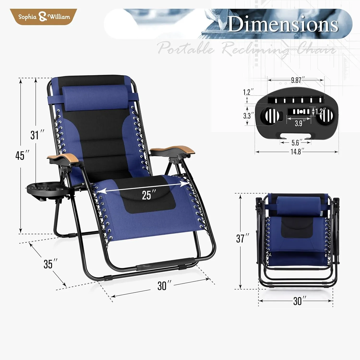 Sophia & William Oversized XL Zero Gravity Recliner Chair Set of 2 Padded Adjustable Folding Reclining Lounge Chair with Wide Armrest and Cup Holder, Support 400 LBS, Blue