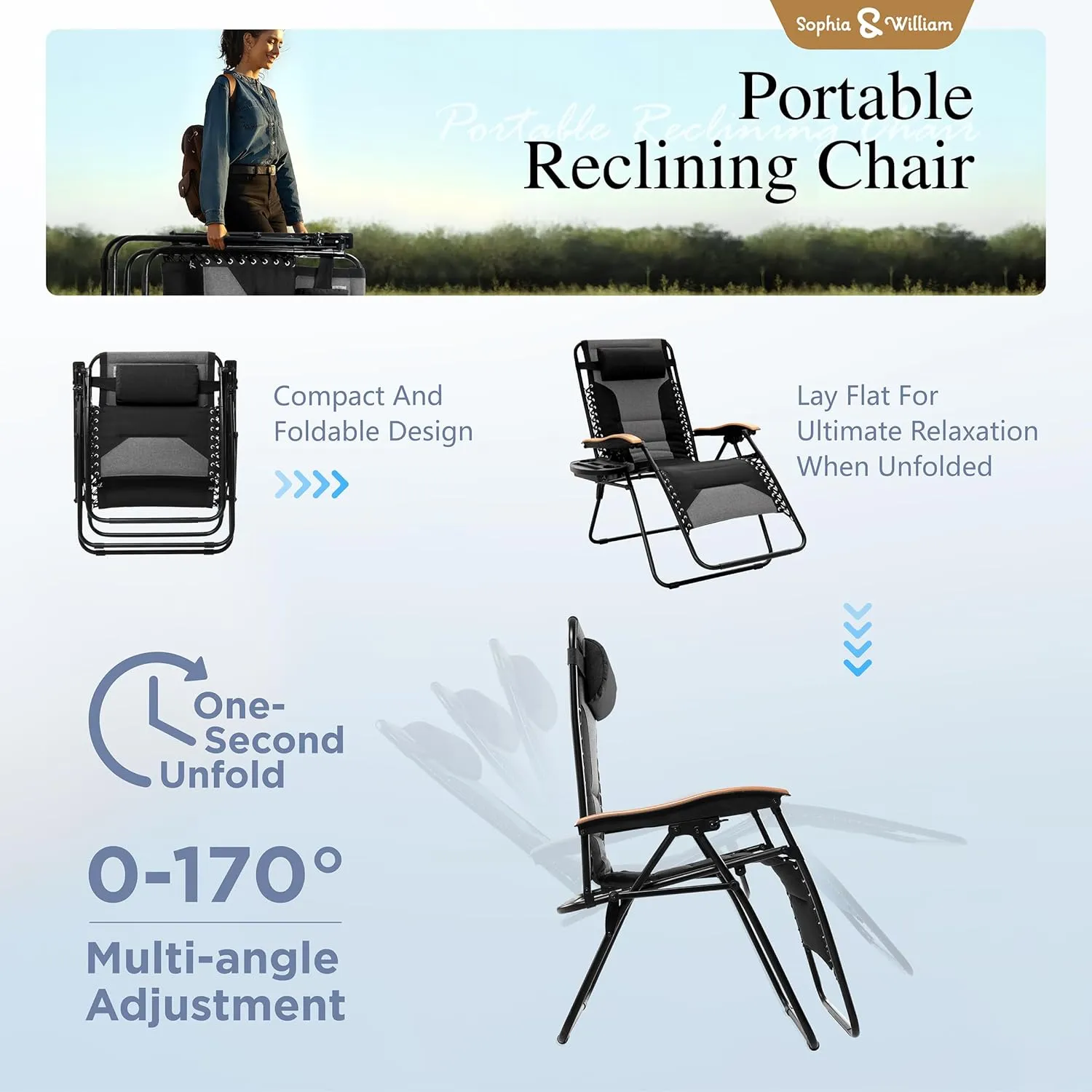 Sophia & William Padded Zero Gravity Chair Oversize Lounge Chair with Free Cup Holder, Supports 350 LBS (Black)