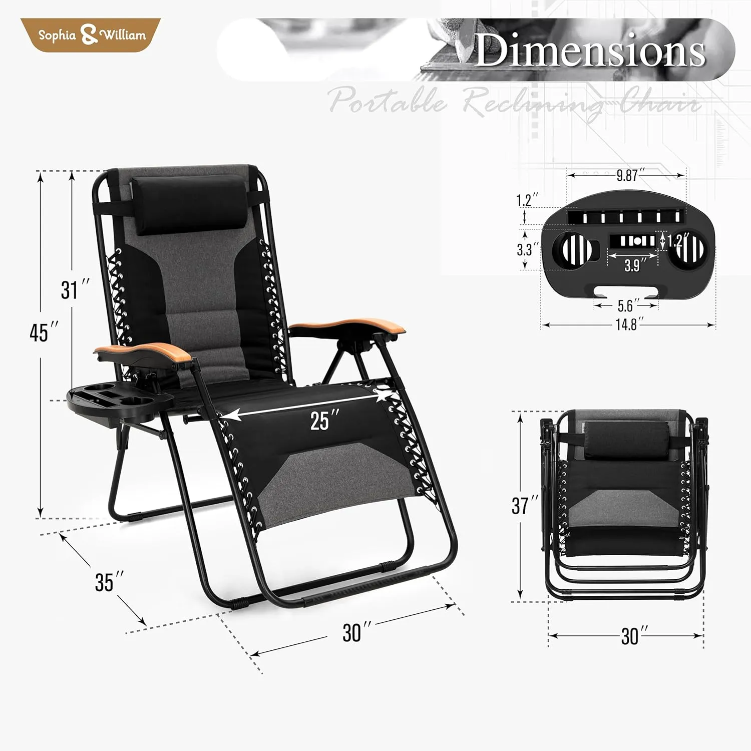 Sophia & William Padded Zero Gravity Chair Oversize Lounge Chair with Free Cup Holder, Supports 350 LBS (Black)