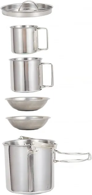 Sosoport Camping Cookware Set 5-Piece Stainless Steel Bowl Kettle Collapsible Cup Lid Multi-Functional Outdoor Picnic Kit
