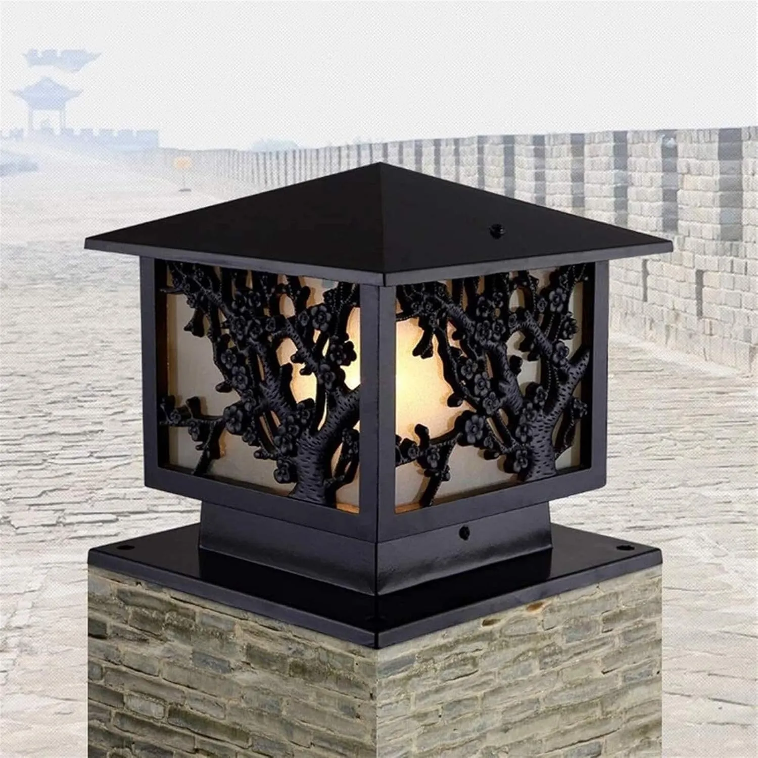 Square Outdoor Gate Column Light European Lighthouse Waterproof Pillar Lanterns Pedestal Lamp Glass Aluminium Post Pole Lamps Courtyard Garden Villa Lawn Landscape Street(One Color-25 * 35Cm)