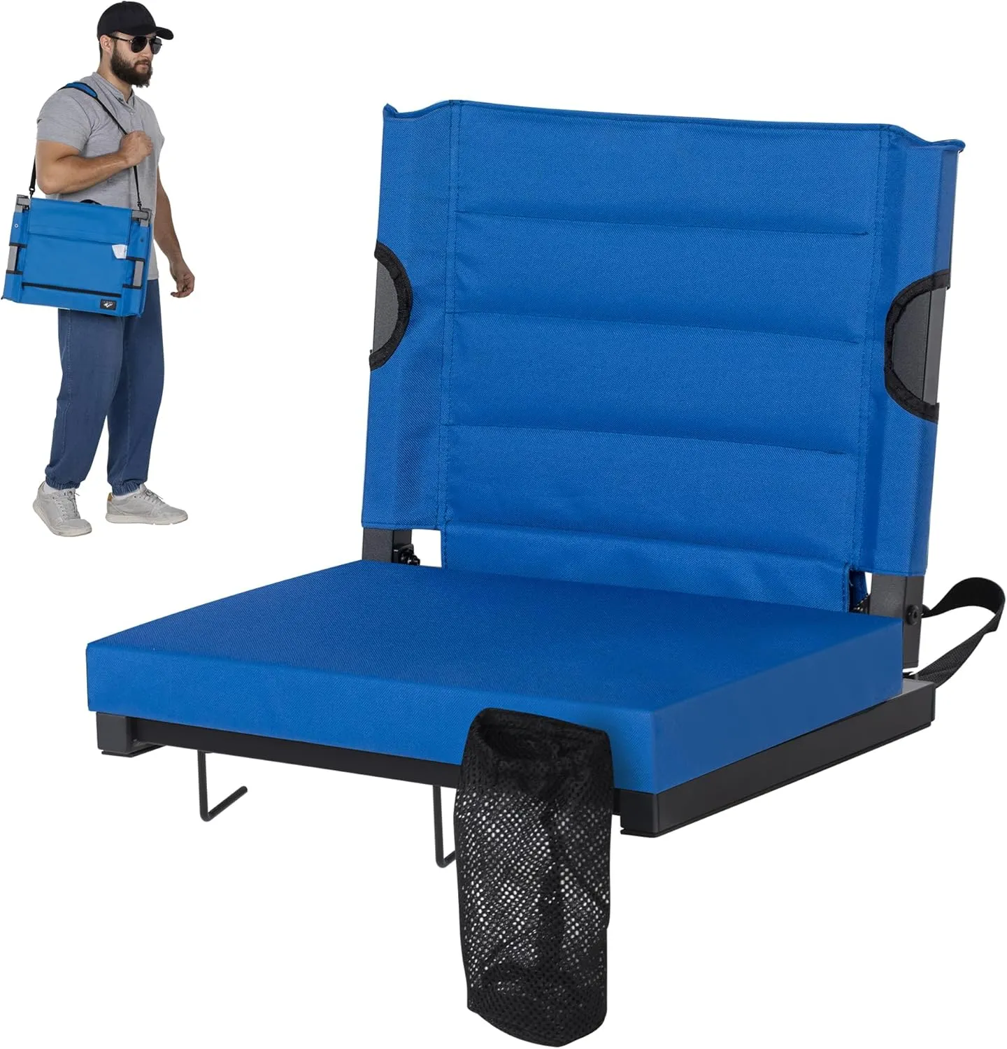 Stadium Seats for Bleachers with Back Support, Bleacher Seats with Backs and Extra Thick Padded Cushion, Includes Shoulder Straps Carry Handle, and Cup Holder Side Pockets (Blue)