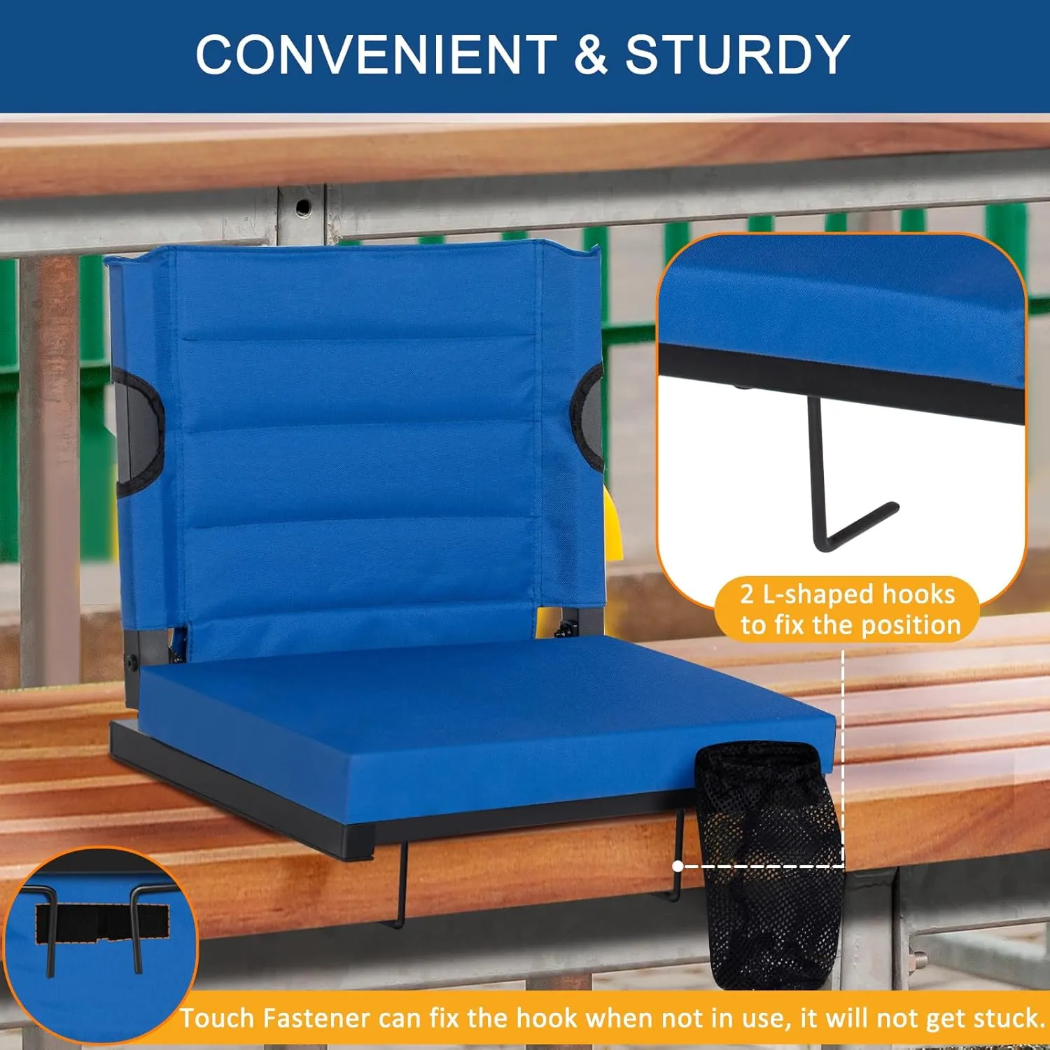 Stadium Seats for Bleachers with Back Support, Bleacher Seats with Backs and Extra Thick Padded Cushion, Includes Shoulder Straps Carry Handle, and Cup Holder Side Pockets (Blue)