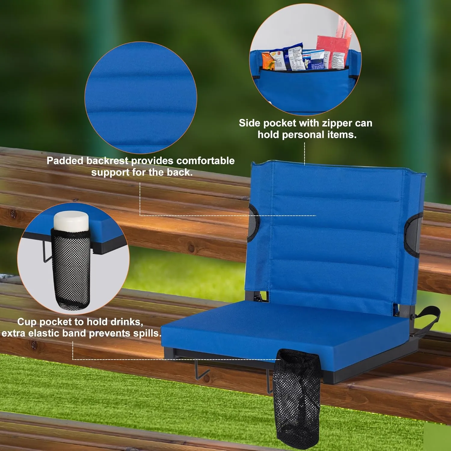 Stadium Seats for Bleachers with Back Support, Bleacher Seats with Backs and Extra Thick Padded Cushion, Includes Shoulder Straps Carry Handle, and Cup Holder Side Pockets (Blue)