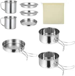 Stainless Steel 8-Piece Camping BBQ Cookware Set Collapsible Pots for Hiking Portable Cooking Kits for Outdoor