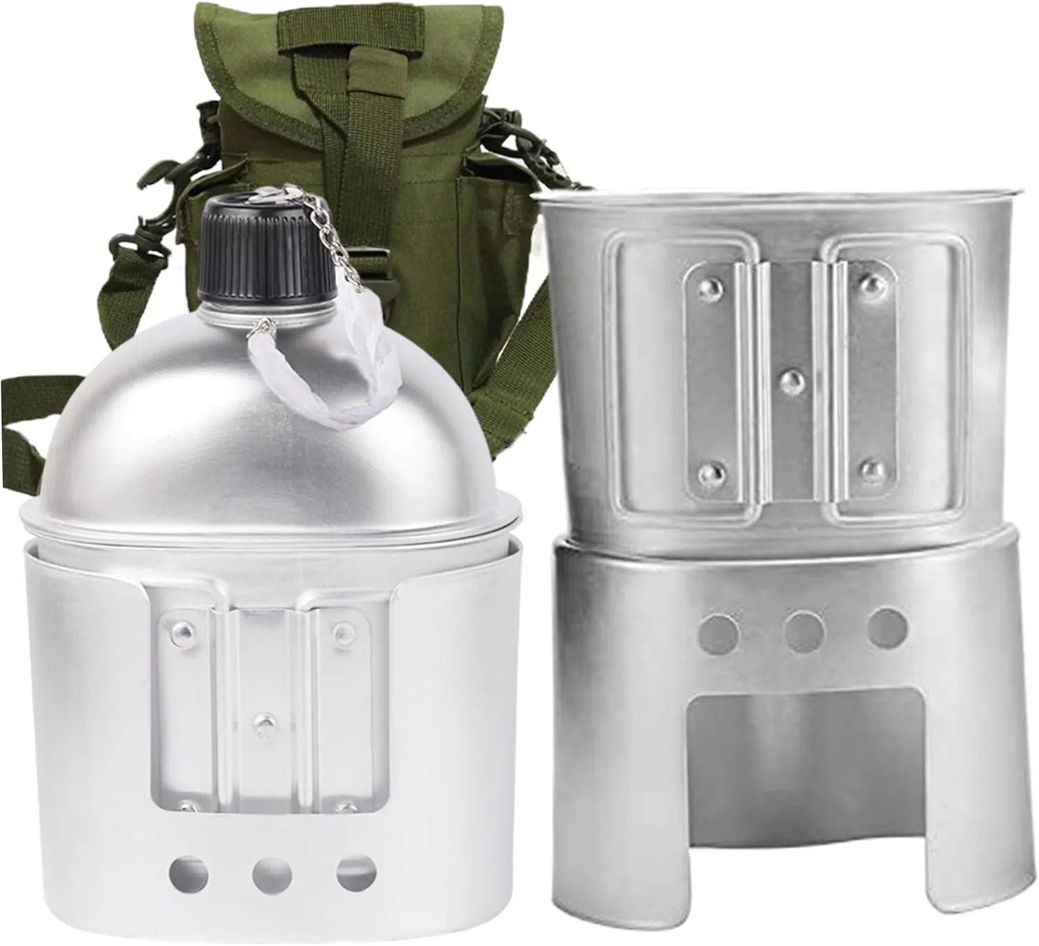 Stainless Steel Military Canteen and Cup Set,Portable Canteen Military with Cup and Green Nylon Cover Waist Belt for Camping Hiking