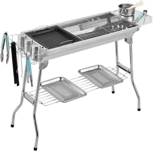 Stainless Steel Portable BBQ Grill with Griddle Pan, Dual Cooking Surface, Storage Shelf, Foldable Legs for Camping & Outdoor Use