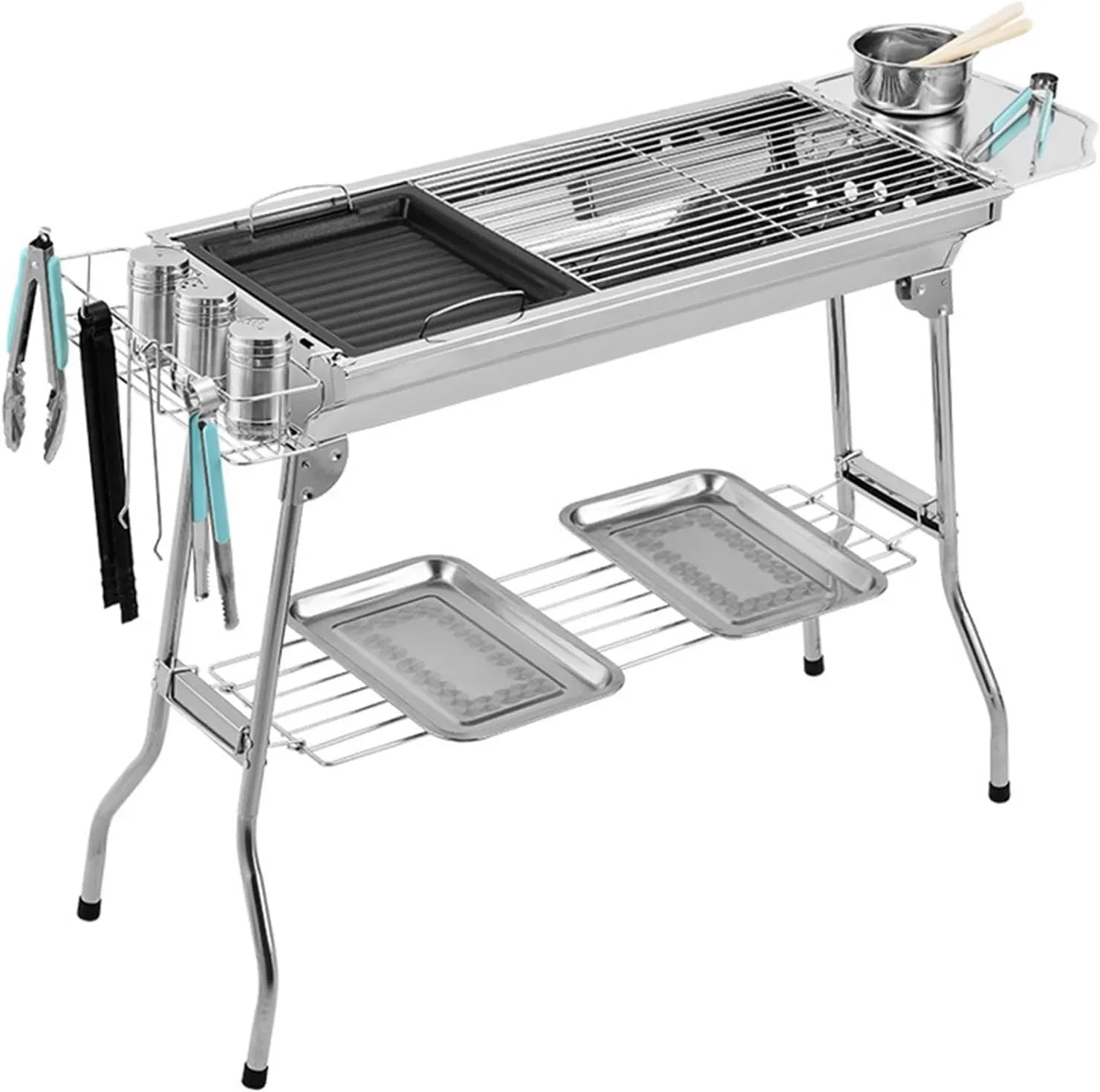 Stainless Steel Portable BBQ Grill with Griddle Pan, Dual Cooking Surface, Storage Shelf, Foldable Legs for Camping & Outdoor Use