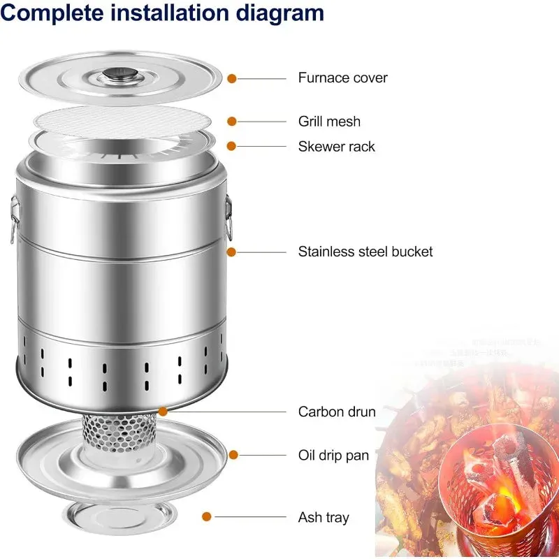 Stainless Steel Wrap-Around Charcoal Grill – Smokeless Portable BBQ Grill for Camping & Home Use